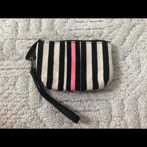 Black, cream and pink striped wristlet